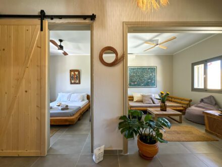 The bedroom and living room